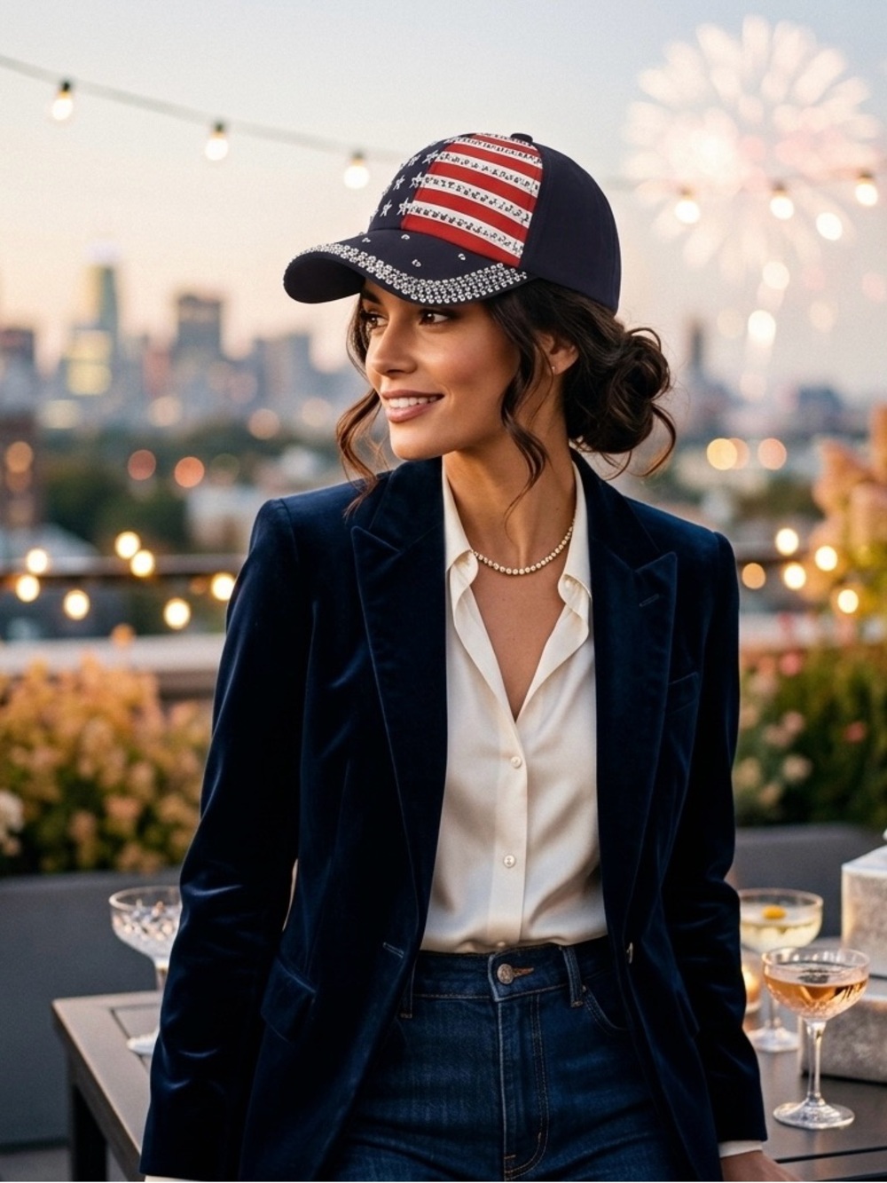 Rhinestone American Flag Baseball Cap - Red, White & Blue
